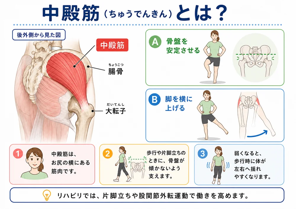 歩行時に骨盤を安定させる中殿筋の位置と働きを説明したイラスト
