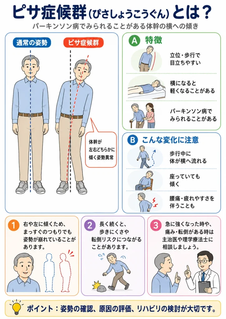 パーキンソン病で体が右に傾く原因の一つであるピサ症候群を説明したイラスト