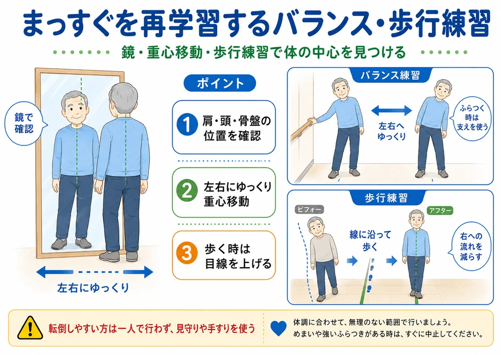 パーキンソン病で真っ直ぐを再学習するバランス歩行練習イラストパーキンソン病で真っ直ぐを再学習するバランス歩行練習イラスト